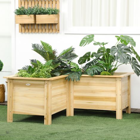 Jardinière surélevée en bois, pot de fleurs d'extérieur en forme de L avec revêtement en tissu non tissé, jardin urbain, 120 x 120 x 50 cm, naturel (1/5)
