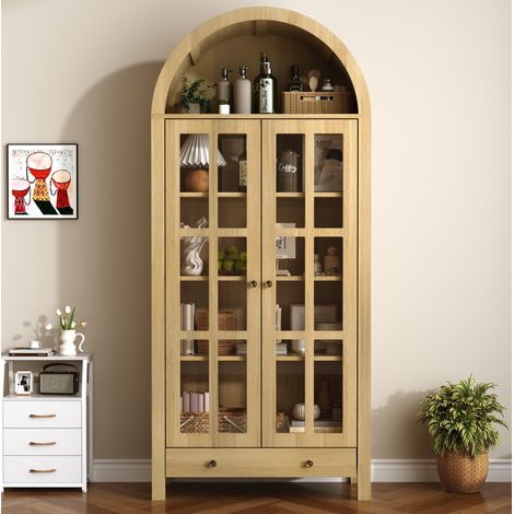 Meuble de rangement haut avec portes cintrées, étagères réglables et tiroir, bibliothèque vitrine multifonction pour salon, 75×35×170 cm, MDF naturel (1/5)