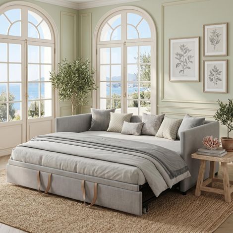 Canapé-lit convertible 90/180x200 cm, Canapé droit 2 places – Sommier à lattes – Velours doux, Lit Gigogne Scandinave - Gris (1/5)