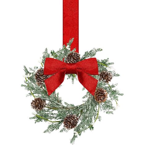 Guirlande De Noël Miniature - Pour Armoires De Cuisine - En Cèdre Neigeux Avec Baies Rouges Et Pommes De Pin - Ruban Velours Rouge - Lot De 1 (1/5)