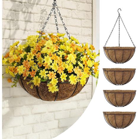 Juego de 4 macetas colgantes de interior de 30 cm con revestimiento de fibra de coco y cadena, soporte de pared de metal negro para plantas, ideal para la decoración de jardines, balcones y porches. (1/5)