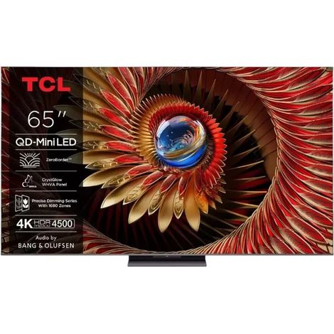 TCL 65Q8C Téléviseur 65 pouces QD Mini LED, HDR Premium 4K 4500, ZeroBorder™, Smart TV Google TV, Panneau CrystGlow WHVA, Audio par Bang & Olufsen, 144 Hz Motion Clarity Pro, Dolby Vision IQ et Atmos (1/5)