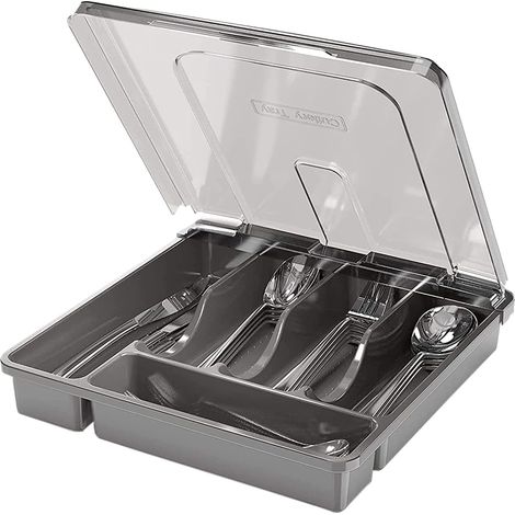 Cutlery Organiser with Lid, Kitchen Cutlery Storage Box with 5 Compartments, Camping Cutlery Storage Box for Knives Forks Spoons, 30 x 30 x 7 cm, Black (1/5)