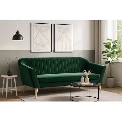 SOFELLO Skandinavisches 3-Sitzer Sofa KAYA – Grüner Samt RIVIERA Buchenholzfüße Vertikale Steppung (1/5)