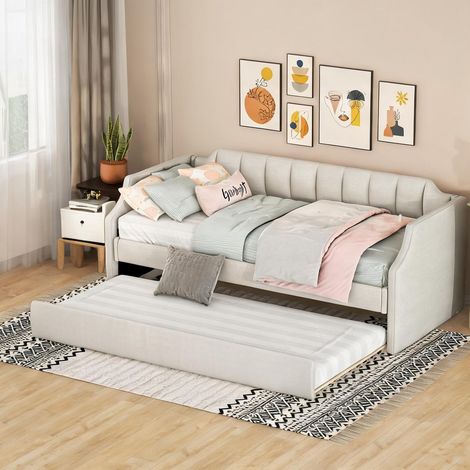Cadre de lit beige en coton lin 213 x 97 x 81 cm (1/5)