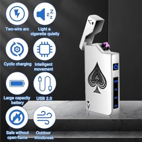 2 briquets électroniques USB, briquet électrique USB, double arc LED, avec indicateur de batterie, coupe-vent, briquet plasma avec bouton (argent) (1/3)