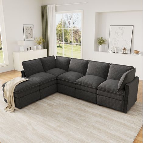 Sofá modular XXL con función cama (344x127x91 cm), convertible en U o L, con otomana móvil, chenilla gris (1/5)