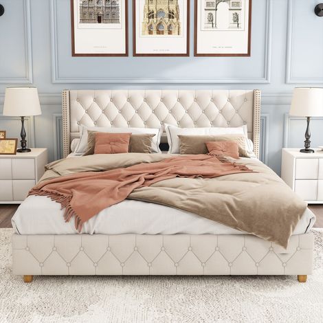 Lit double 140 x 190 cm en lin beige avec tête de lit capitonnée à boutons et pieds en bois, sans matelas (1/5)