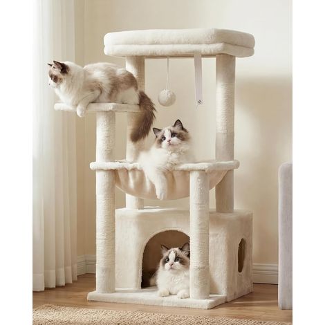 Arbre À Chat, Arbre À Chat avec Très Grand Panier pour Matou, Bois À Matou avec Lit Spacieux pour Matou Et Couchette Cachée, et Balle en Peluche, Beige HCT008SM (1/5)