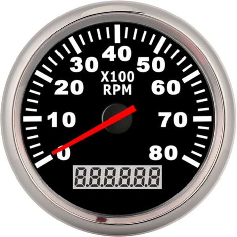 Tacho étanche, tachymètre numérique de pointeur de 85mm 8000 tr/min jauge de rétro-éclairage LED rouge compteur horaire marin étanche pour bateau de voiture 12 V/24 V[Black Dial Silver Frame] (1/5)