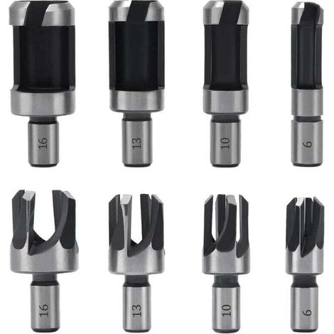 8 Pièces Fraise à Bouchonner Bois, Mèche à Bouchon Bois 6 mm/10 mm/13 mm/16 mm, Acier Carbone Bois Plug Perceuse pour le Travail du Bois, Forets à Bois à Griffe et Coniques