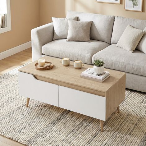 100x50x46cm - Table basse doté de 2 tiroirs, table basse pour le salon avec pieds en bois de pin, en chêne