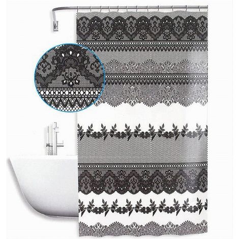 TRADE SHOP - Tenda Doccia Antimuffa Impermeabile 240x200 Cm Con Anelli Bagno Pizzo Nero 59522 - (1/2)