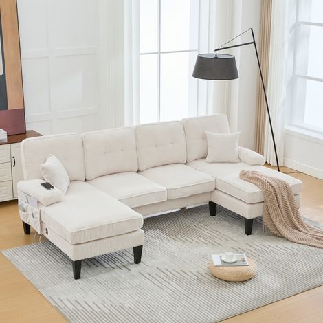 Grand canapé 4 places en U en tissu lin doux avec dossier moderne, deux méridiennes, pieds stables et coussins moelleux avec coussins décoratifs, élégant pour tout salon, beige (1/5)