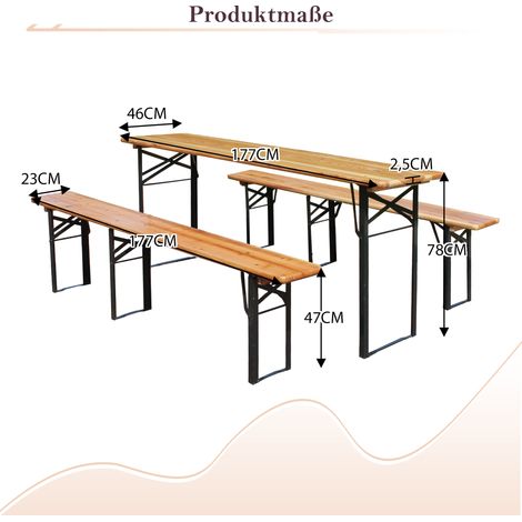 Faltbare Bierzeltgarnitur 175 cm, 3-teilig: 1 Klapptisch + 2 Bierbänke, wetterfeste Kiefer massiv, platzsparend, Biertischgarnitur Festzeltgarten