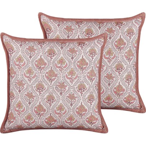 Conjunto de 2 cojines de algodón rojo claro blanco 45 x 45 cm floral flecos Picea