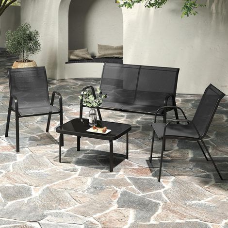 GOPLUS Salon de Jardin 4 Personnes Exterieur, 4 Pcs Canapé Exterieur avec Table Basse en Verre Trempée, 2 Fauteuils, Ensemble de Bistrot pour Terrasse,Balcon (Gris) (1/5)