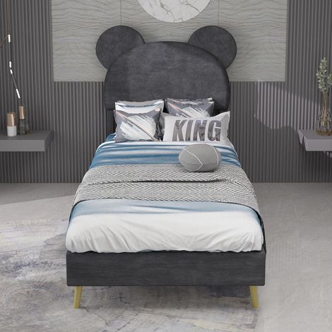 , Lit rembourré moderne et minimaliste avec tête de lit douce à motif de dessin animé, 90x200cm, gris, meuble de chambre multifonctionnel, sommier bas sans rangement (sans vérin à gaz)... (1/5)