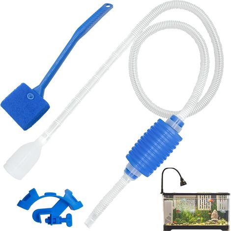 Kit de aspiración para acuario de 1,45 m, bomba de sifón con cepillo y soporte para manguera, bomba de limpieza para acuario para la limpieza y el cambio de agua en el tanque. (1/5)