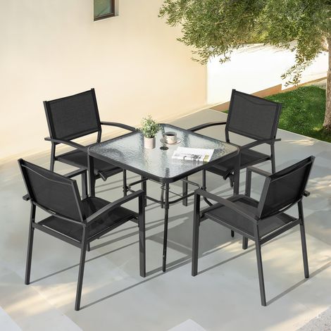 Avestar 5-teiliges Gartenmöbel Set, Esssets für die Terrasse, Essgruppe, Esstisch mit 4 stapelbaren Stühlen, Metall Gartentisch und Gartenstühle, Schwarz