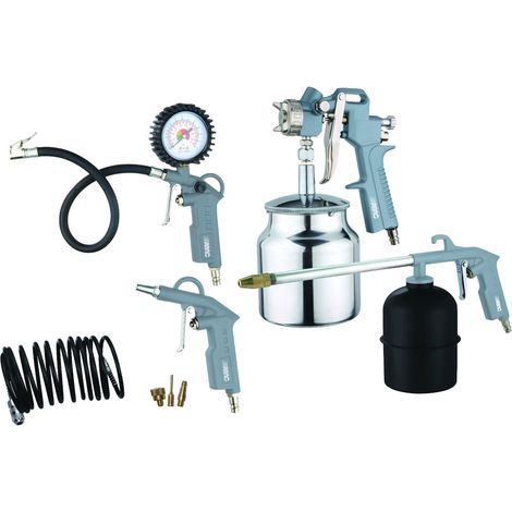 ABAC Kit Accessori per Compressore 8 Pezzi G-810AL, Inclusi Gonfiagomme con Manometro, Pistola di Soffiaggio, Pistola a Spruzzo per Vernice 1L, Pistola di Lavaggio 0.9L, Tubo a Spirale 5 m (1/6)
