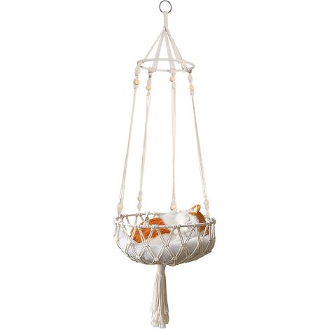 1 Hamac Chat En Macramé Coton, Suspension Plafond Ou Fenêtre, Lit Repos Pour Chat Jusqu'à 15 Kg, Décor Intérieur