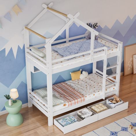 Litera infantil 227/205/95 cm blanca de madera maciza y MDF con cajones, estantes y escalera de 3 peldaños (1/5)