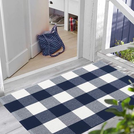 MINKUROW Tappeto Da Esterno In Cotone Scozzese Di Bufalo 20ft X 3ft A Scacchi Tessuto Lavabile Zerbino Di Benvenuto Intrecciato Per Cucina A Strati Fattoria Bagno Tappeto D'ingresso Blu Navy E Bianco (1/5)
