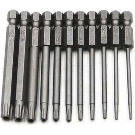 Set of 11 long Torx bits for electric screwdrivers and impact drivers – Magnetic bits – 1/4" hex shank – Sizes T6 to T40 – Length 100 mm (1/4)