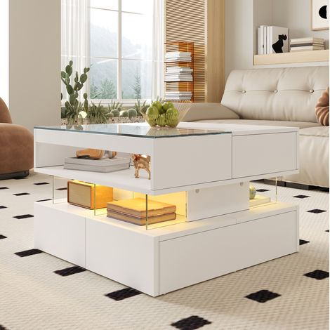 Mesa de centro elevable con LED de 16 colores, cristal, almacenaje, blanca HAVRYA (1/5)
