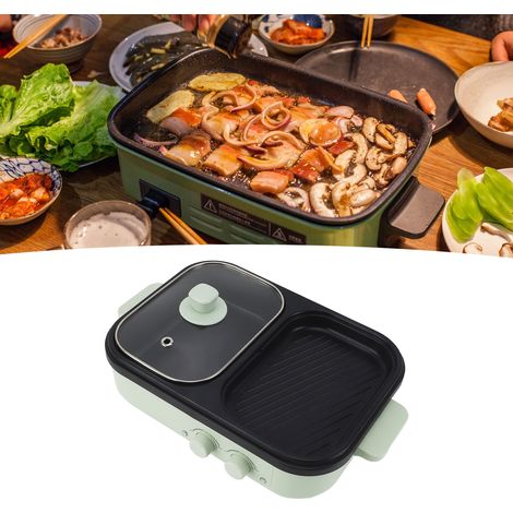 Multifonction Poêle Électrique Dual 1300W Cuisson Gril Divisé Antiadhésif pour Indeoor Outdoor Vert Taille: 30 x 22cm PP Aluminum avec Couvercle Cord UK 220V (1/4)
