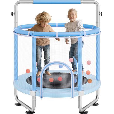 Mini trampoline pour enfant, 1470 mm, fitness rebounder récréatif pour tout-petits avec filet de sécurité et panier de basket, cadeaux d'anniversaire, jouets de Noël pour enfants de 3+ ans, bleu (1/5)