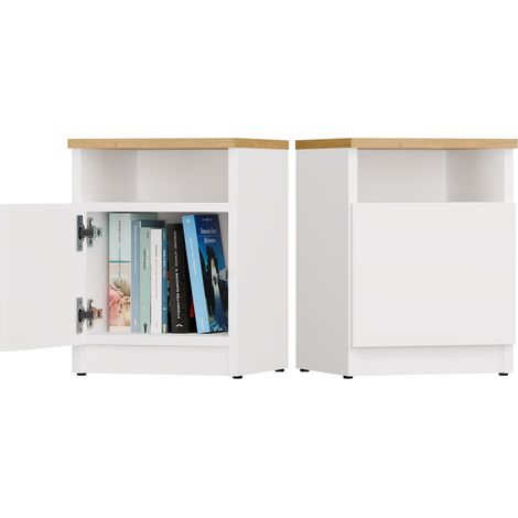 Topeshop – Table de chevet moderne 30cm – Corps blanc – Plateau chêne artisanal – Étagère ouverte et fermée – Système TIP-ON