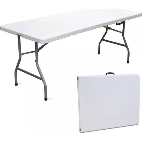Tavolo Pieghevole Richiudibile a Valigetta in Resina 181x74x74 cm adatto per Campeggio, Eventi, Giardino, Feste, Sagre, Mare Rettangolare Metallo Bianco (1/5)