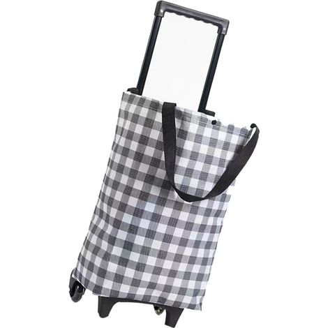 Chariot de courses pliable et portable, caddie à roulettes en toile Oxford, poignée extensible, motif damier noir et blanc, pour voyages et achats (1/5)