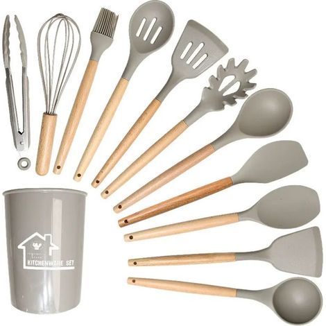 Juego de 12 utensilios de cocina de silicona, utensilios de cocina con soporte, juego de utensilios antiadherentes con mangos de madera, accesorios de cocina lavables (1/4)