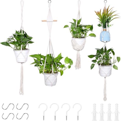 4 Suspensions Plantes Macramé Coton, Crochets Inclus, Support Pots 25cm, Décoration Intérieur Extérieur