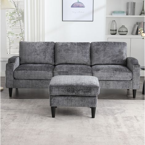 Canapé en chenille gris 196,5 cm 4 places avec pouf coffre, porte-gobelets et poches latérales (1/5)
