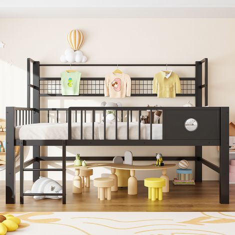 Lit mezzanine bas enfant 90x200cm cadre métal compartiments rangement, Noir