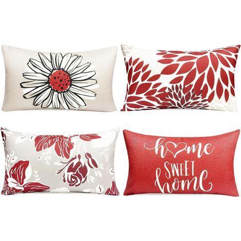 Un ensemble de quatre housses de coussin décoratives en lin bordeaux de 30 x 50 cm, de style rustique et extérieur, convenant aux canapés et aux salons. (1/5)
