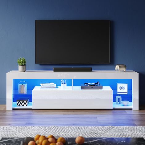 ELEGANT High Gloss TV Stand with LED Lights, Floor Stand TV Unit with Open Glass Shelves and Flip-Down Door Compartment, White, 1800x350x505mm (1/5)