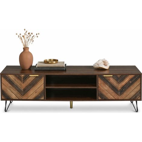 Mobile TV basso a 2 ante con vani interni, maniglie oro, piedi in ferro e finitura effetto legno, per soggiorno e camera, CHICFURN (1/5)