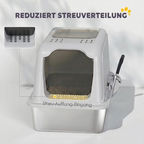 Litière pour chat avec couvercle, entrée avant et sortie supérieure, pelle incluse, acier inoxydable, idéale jusqu'à 8 kg. (1/5)