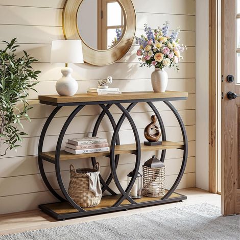 Tribesigns Table console avec étagères de rangement, 105 cm de haut, table d'entrée industrielle à 3 niveaux avec structure en métal, marron, pour salon, couloir, entrée