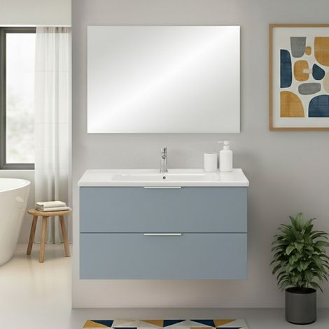 Mobile bagno sospeso 100cm azzurro polvere con cassetti lavabo e specchio Elva (1/5)