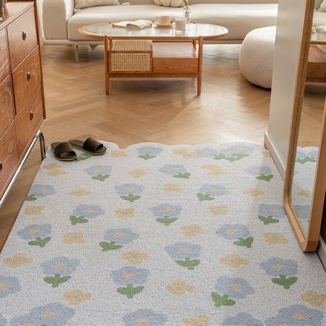 LAN Fleurs blanches [Disposition verticale] 50 x 80 cm, boucle en soie Tapis de sol miniature à boucles, résistant, antitache et anti-usure, idéal pour enlever la boue et la saleté de l'entrée. Person (1/5)