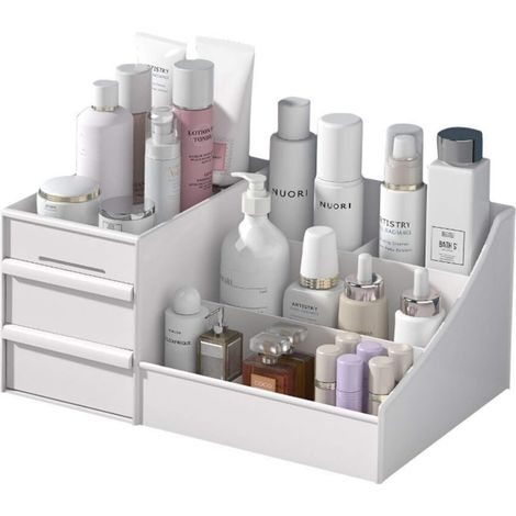 Boîte de rangement pour maquillage avec tiroir - Boîte de rangement de maquillage à poser sur une coiffeuse, pour rouges à lèvres, pinceaux, lotions, fards à paupières, vernis à ongles et bijoux (blan (1/5)