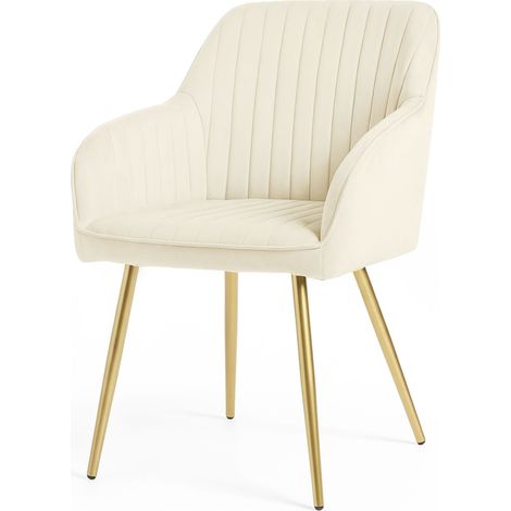 Lot de 2 Chaises en velours à surpiqûres FLORENCE Crème pieds dorés (1/5)