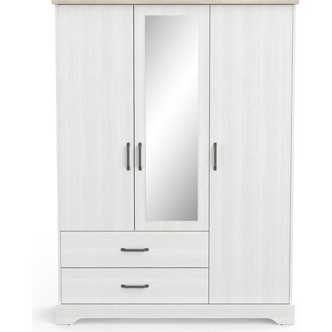 Armoire 3 Portes, 1 Miroir et 2 Tiroirs- Blanc- Style Contemporain- pour Chambre- L148,6 cm x l57,1 cm x H199,60 cm (1/4)