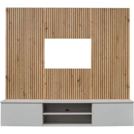 Ensemble meuble TV mural Xari L2 - Bois MDF gris perle et chêne artisan - 160 x 148 x 35 cm - Livraison gratuite (1/5)
